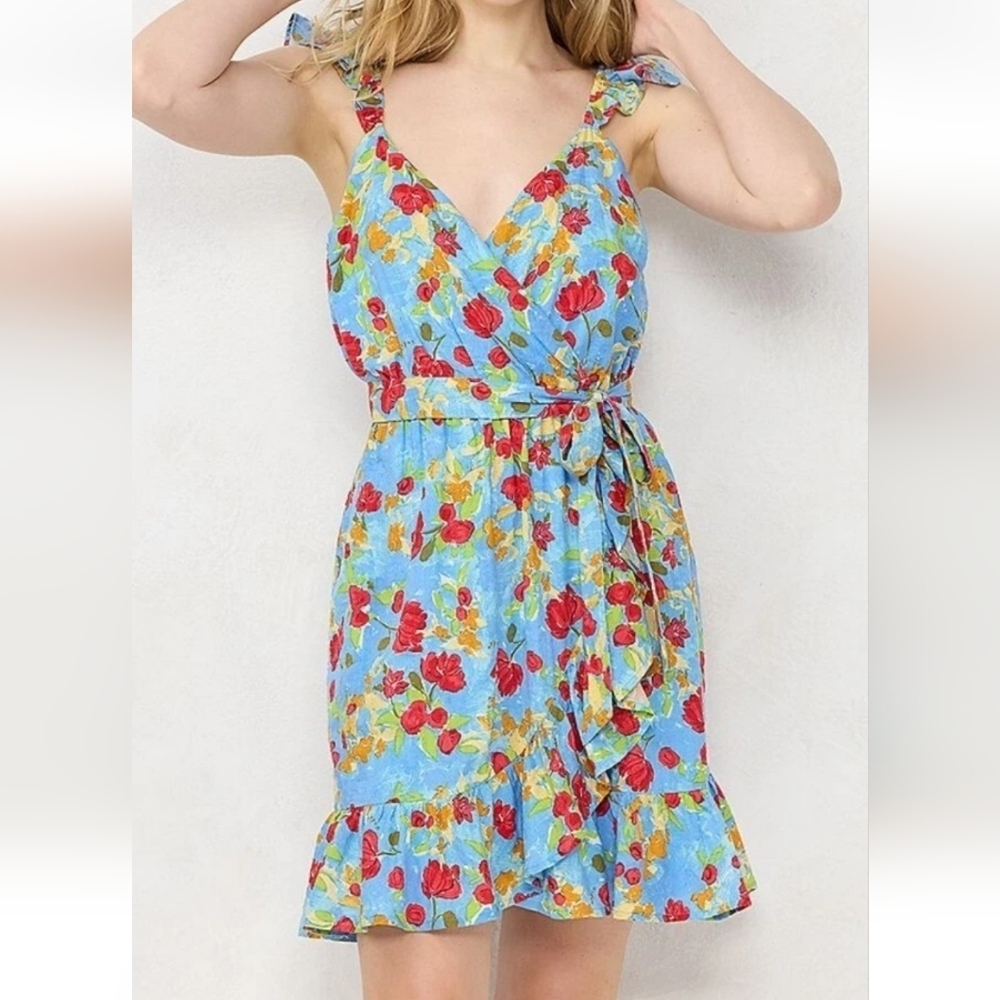 LAUREN CONRAD Xxl BLUE MONET FLORAL BELTED FAUX WRAP FLUTTER RUFFLE DRESS